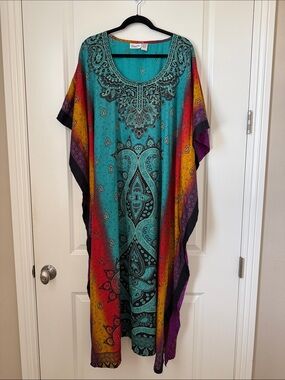 Teal Paisley Boho Caftan Dress with Multicolor Side Panels